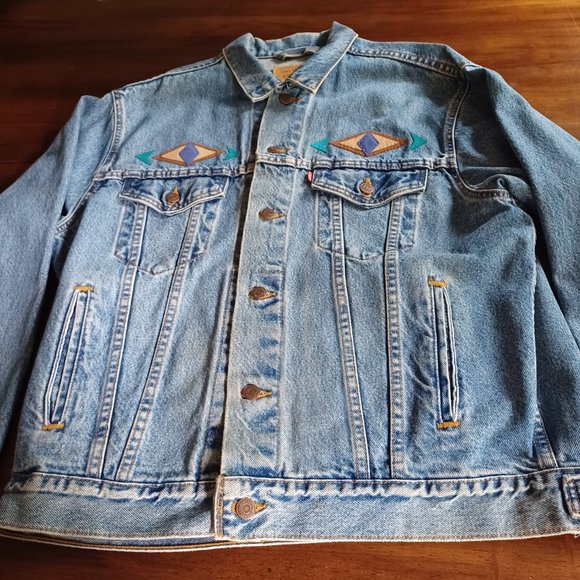 Vtg 90's Levi's Jacket, 70507-0389 Leather Applique, Southwest, Tribal, USA, M - Picture 2 of 15